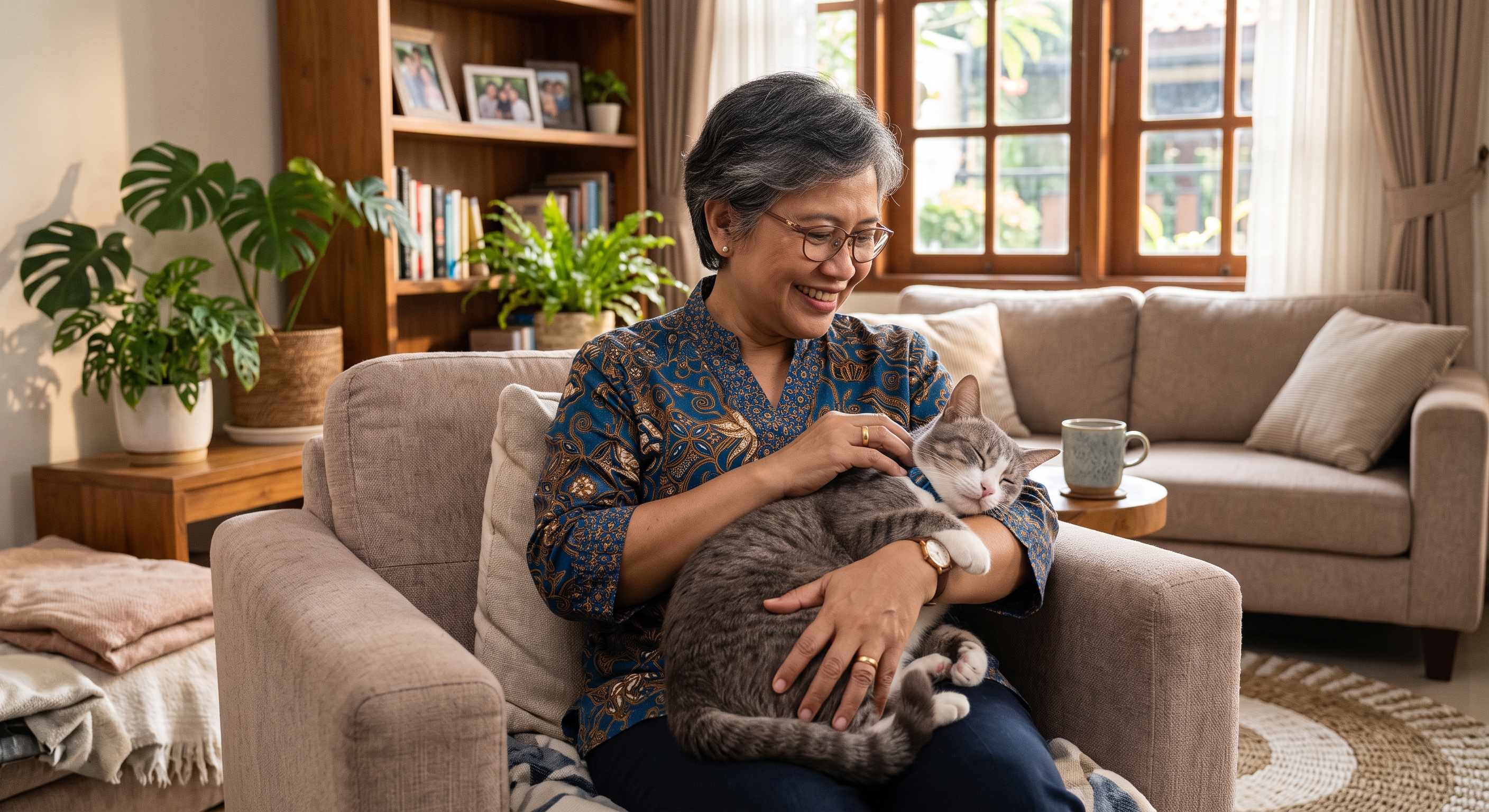 Kucing bahagia bersama pengasuh